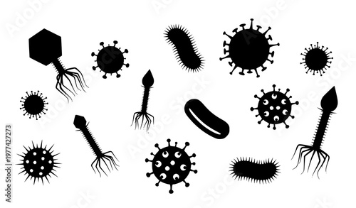 A set of black silhouettes of various bacteria and viruses in a vector graphic illustration