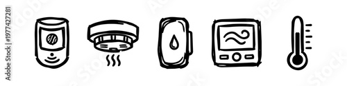 Set of hand-drawn smart home sensor icons including motion detector, smoke alarm, leak sensor, air monitor, and thermometer. Sketchy doodle style for home automation and safety systems.