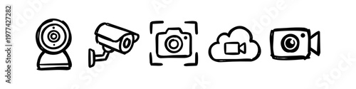 Set of hand-drawn camera icons in doodle style including CCTV, webcam, DSLR, and cloud video storage symbols. Black sketch icons isolated on white background for security and media design.