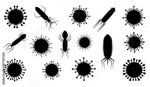 A set of black silhouettes of various bacteria and viruses on a white background