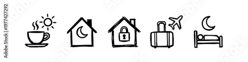 Hand-drawn doodle icon set illustrating a daily routine or travel journey, featuring morning coffee, home security, airplane flight, and restful sleep in a minimalist black and white sketch style.