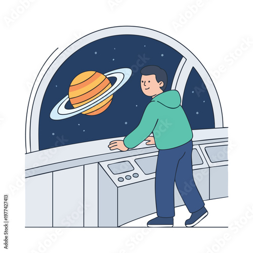 Young boy observing Saturn in a planetarium.