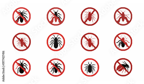 A vector graphic illustration of various insects with prohibition signs
