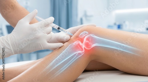 Injection procedure for knee pain management, with a sterile gloved hand and a diagnostic joint overlay.