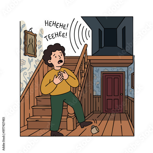 Young boy startled by spooky sounds in a haunted house.