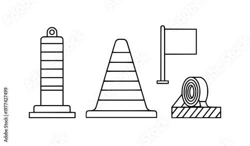 A set of construction icons including a bollard, cone, flag, and barrel