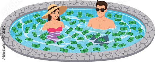 Rich Couple Relaxing in Pool Filled with Money Vector Illustration Showing Wealth, Luxury Lifestyle, Success and Financial Abundance Concept