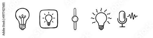 Set of hand-drawn icons featuring light bulbs, a microphone with sound waves, and a toggle switch, representing creativity, innovation, and podcasting in a minimalist doodle style.