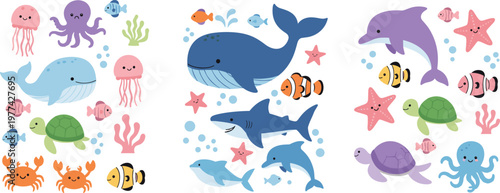 Cute underwater animals collection with whale dolphin shark turtle fish octopus and jellyfish cartoon vector illustration set for kids design