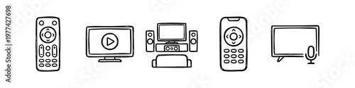 Hand-drawn set of home cinema and television icons featuring remote controls, TV screens, smart TV, and home theater system. Minimalist doodle style vector illustrations for technology and media.