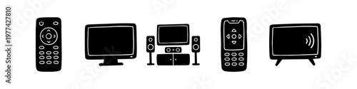 Hand-drawn doodle icons of home entertainment electronics, featuring smart TVs, remote controls, and a home theater system. Minimalist black silhouette vector set isolated on white background.