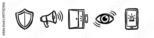 Hand-drawn security and smart home icon set featuring shield, megaphone, door sensor, monitoring eye, and mobile alert. Minimalist black doodle style on white background for safety concepts.