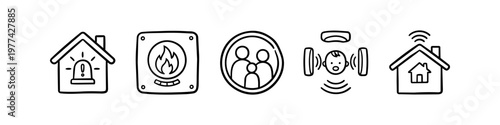 Set of hand-drawn home security and safety icons. Minimalist black line art doodles including fire alarm, smart home, family protection, baby monitor, and siren icons on a white background.