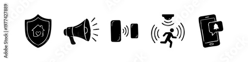 Hand-drawn home security icon set featuring protection shield, alarm megaphone, door sensor, motion detector, and smartphone alert. Ideal for smart home safety and surveillance concepts.