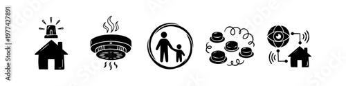 Hand-drawn home security and safety icons set featuring smoke detector, siren, family protection, and smart surveillance monitoring. Minimalist black and white doodle style illustrations.