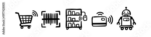 Hand-drawn doodle icons representing smart retail technology, including a smart shopping cart, barcode scanner, electronic shelf, contactless payment, and service robot on white background.