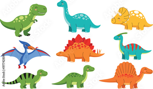 Cute Dinosaur Collection with Cartoon Jurassic Creatures Including T Rex Triceratops Stegosaurus and Flying Pterodactyl for Kids Illustration Design