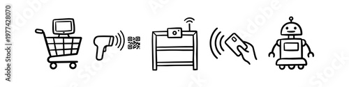Hand-drawn retail technology icons featuring a smart shopping cart, QR scanner, automated shelf, contactless payment, and service robot in a clean black and white doodle style.