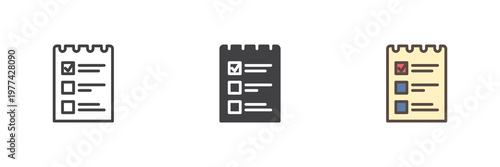 Shopping list icon set with checklist paper in line, filled outline and solid styles. Color vector icon sign symbol for planning groceries. List icon for notes and tasks.
