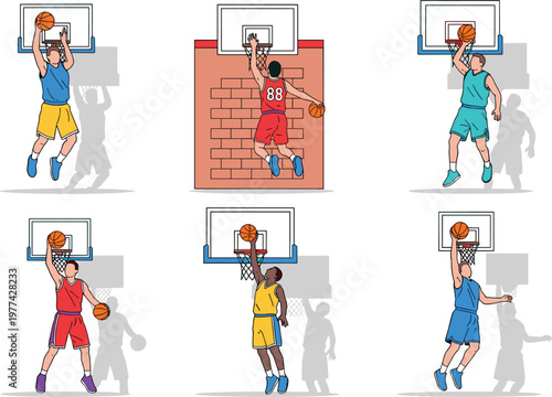 Basketball Players Dunking Collection with Action Shots of Athletes Scoring Slam Dunks for Sports Illustration Training Design and Game Graphics