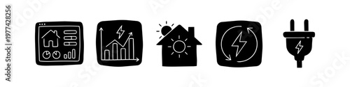 Hand-drawn smart home energy management icons including solar power, electricity charts, and smart dashboard. Perfect for sustainable living and green technology concepts.