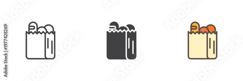Paper grocery bag icon set with food items in line, filled outline and solid styles. Color vector icon sign symbol for shopping. Bag icon for retail packaging.