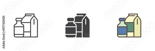 Milk bottle and carton icon set in line, filled outline and solid styles. Color vector icon sign symbol for dairy products. Milk icon for grocery and nutrition.