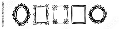 Set of hand-drawn vintage picture frames and borders in a sketchy doodle style. Ornate, floral, and simple rectangular and oval frames isolated on a white background banner.
