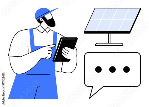 Renewable energy, solar technology, smart devices, energy solutions, green engineering, communication tools. A worker with a tablet near a solar panel and a speech bubble. Renewable energy and solar