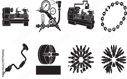 Lathe Machine Icon Vector, Industrial Turning Tool Symbol, Mechanical Workshop Equipment Line Icon, EPS Editable Design