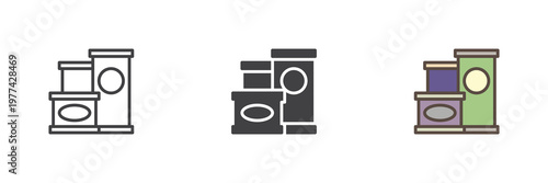 Canned food icon set with tin can in line, filled outline and solid styles. Color vector icon sign symbol for preserved meals. Can icon for pantry storage.