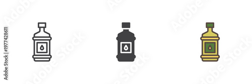 Oil bottle icon set with cooking oil in line, filled outline and solid styles. Color vector icon sign symbol for kitchen ingredient. Oil icon for cooking and food.
