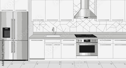 Modern kitchen interior with white furniture features a gas stove, oven, and stainless steel household appliances for a contemporary domestic home