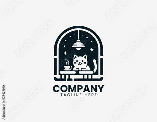 Cute cat sitting with coffee cup inside cozy window frame in clean minimal black vector logo illustration style on a white background