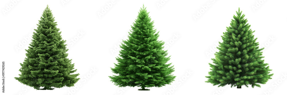Obraz premium Set of lush green evergreen pine tree, perfectly shaped on transparent png background. Ai generated