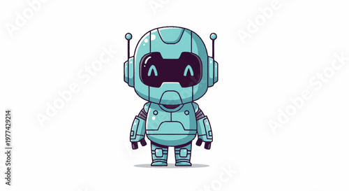 Cute cartoon robot character standing and smiling.