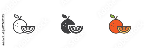 Orange fruit icon set with citrus slice in line, filled outline and solid styles. Color vector icon sign symbol for fresh fruit. Orange icon for juice and grocery.