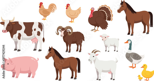 Farm Animals Collection with Cow Pig Horse Sheep Goat Chicken Duck and Turkey Cartoon Illustration for Agriculture and Rural Livestock Design