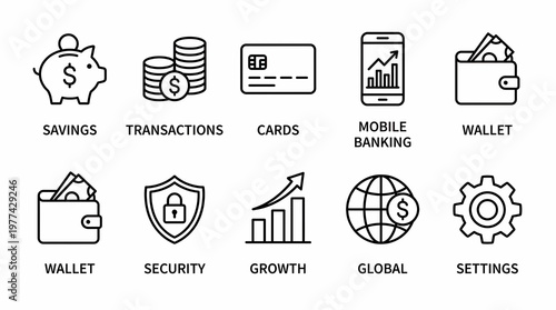 A collection of financial icons for banking and money management