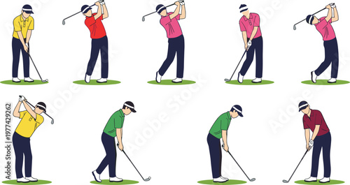 Golf Player Action Sequence Vector Set with Swing, Putting and Different Shot Techniques for Sport Training, Outdoor Activity and Professional Golf Illustration