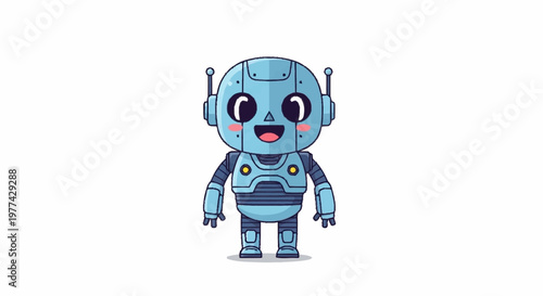 Cute blue cartoon robot standing and smiling.
