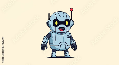Cute cartoon robot character with antenna and glowing eyes.