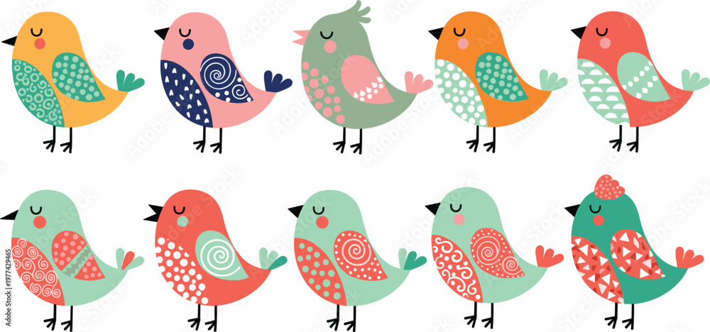 Obraz premium Cute Colorful Bird Character Set with Decorative Patterns and Cartoon Style Animals for Kids Illustration Design and Nature Graphics