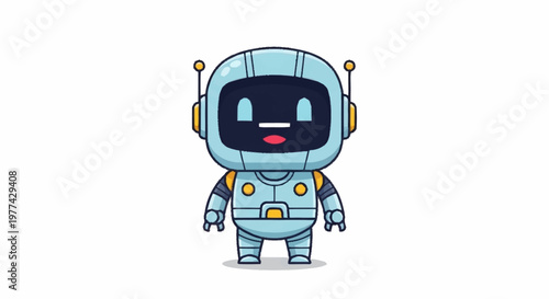 Cute cartoon robot character with blue metallic body and antennae.