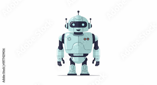 Cute cartoon robot character standing isolated on white background.