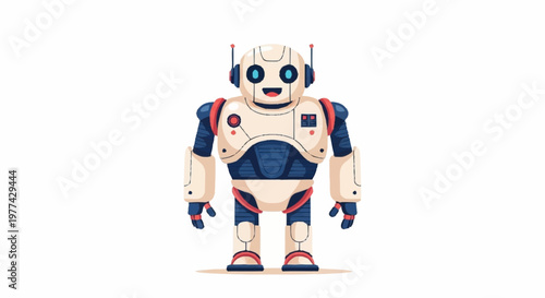 Friendly robot character standing on white background.
