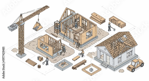 House construction process isometric illustration with crane and workers.