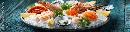 Fresh seafood platter on ice studio food photography