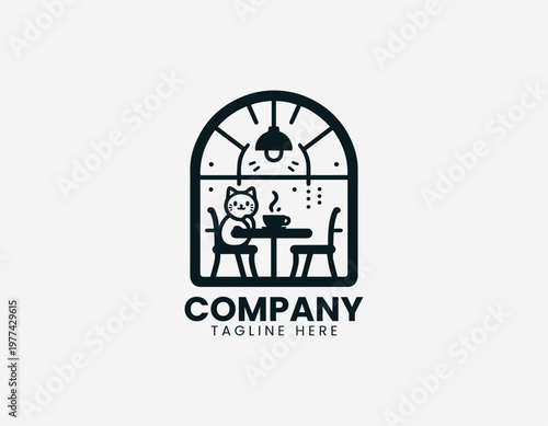 Cute cat sitting with coffee cup inside cozy window frame in clean minimal black vector logo illustration style on a white background