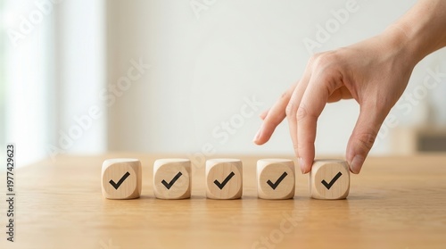 Checklist survey and assessment process for product service quality warranty, demonstrating ISO certification and corporate regulatory compliance with wooden check mark cubes.